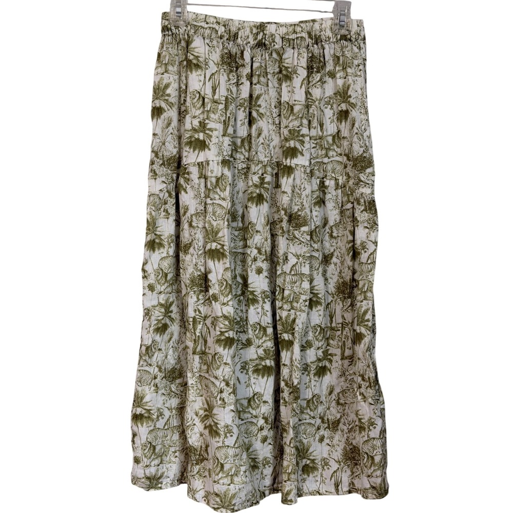 Rachel Zoe Toile Linen Midi Skirt Womens Size S Green Aninmal Safari Jungle Chic - Picture 3 of 11